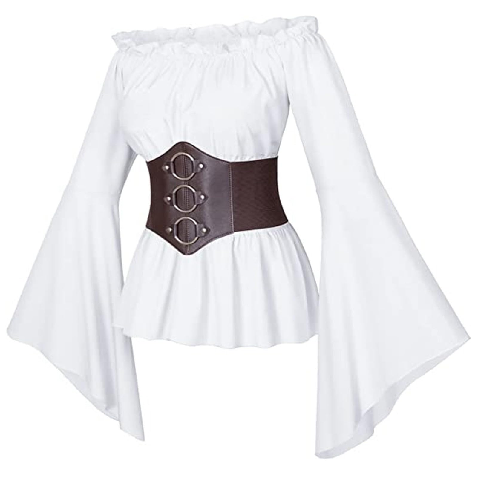 KBOPLEMQ Mujer Renacimiento Victorian Farmers Volantes Cintura smocked Camisa Pirata Camisa Blusa Larga Manga Campana Blusa Hombro Sin Hombro Gótico Victoriano Campesino Campesino Volantes Corsé