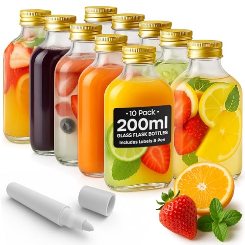 volila 200ml Glass Flask Bottles with Gold Screw Caps Labels and Pen - 10 Pack Reusable Empty Glass Bottles for Sloe Gin Liqueur or Homemade Vinegar