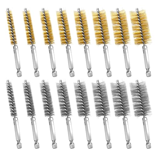 16 Pcs Wire Brush Set for Drills Stainless Steel and Brass Bore Cleaning Brushes with 1/4 Hex Shank Compatible with Power Drills Grinders and Impact Drivers (8-25mm)