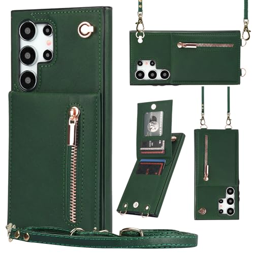 Furill Phone Case for Samsung Galaxy S24 Ultra 5G Wallet Cover with Crossbody Strap Leather Card Holder Flip Cases Credit Slots Magnetic Clasp Stand Cell S24Ultra 24S S 24 24Ultra Girls Women Green