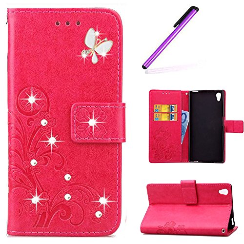 EMAXELERS Funda Sony Xperia Z2 Premium PU Cuero Cartera para Tarjetas y Cierre Magnetico Soporte Plegable Funda Protectora para Sony Xperia Z2,Diamond Rose Clove with Butterfly