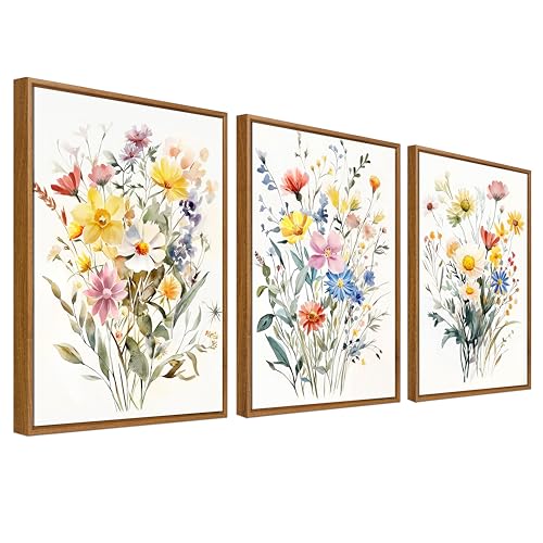 3Pcs Stampa su Tela Con Cornice Bouquet di Fiori Colorati Pittura Quadri su Tela Fiori di Campo Gialli Bianchi Margherite Quadri Moderni Soggiorno Camera da Letto Stampe da Parete 30x40cm x3pcs