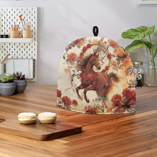 Image of Rose Brown Horse Print Tea Cozy for Teapot Insulated Large Teapot Warm Tea Kettle Cover Machine Washable Coffee Pot Cloth Covers Kitchen Home Decorations for Party