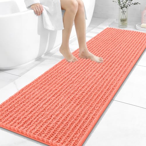 Image of OLANLY Long Bathroom Rugs Runner 59x20, Thick Soft and Absorbent Chenille Bath Mat, Non-Slip, Machine Washable Quick Dry Bath Rugs for Tub Shower Floor, Home Decor Accessories, Coral