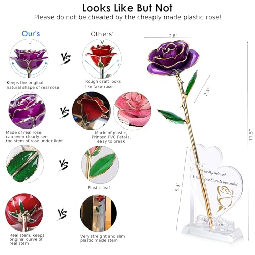 Image of Sinvitron Gold Dipped Infinity Rose Forever Flower Decor, Resin Preserved Real Rose Birthday Gift for Women, Anniversary Present for Mom (Purple)