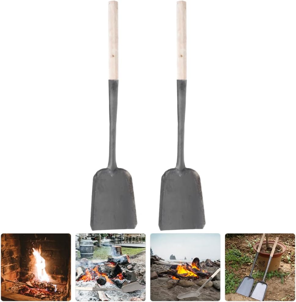 Yardwe Long Fireplace Shovel 2pcs Wood Handle Ash Pan BBQ Charcoal Ash Poker Scoop Gardening Shovel Snow Shovel Multi Function Shovel for Charcoal Pellet Grill Tools