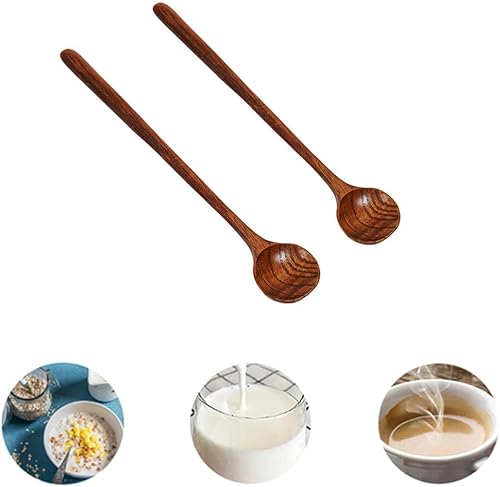 Miniatura 7 de 2 cucharas largas de madera para sopa, cucharas redondas de mango largo, estilo coreano, cucharas de café de madera para sopa, cocina, mezcla,