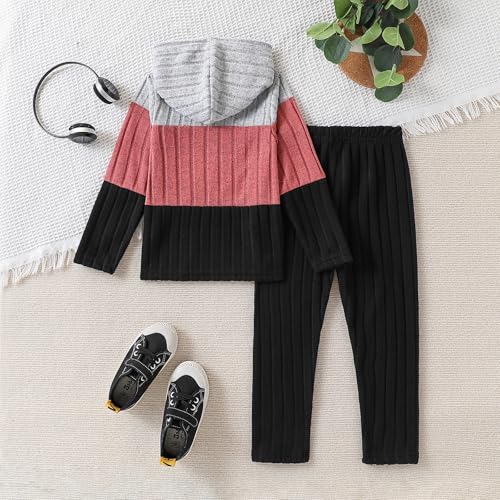 Image of Toddler Kid Girls Clothes Ribbed Color Block Long Sleeve Hoodie Sweatsuit Set Fall Outfits
