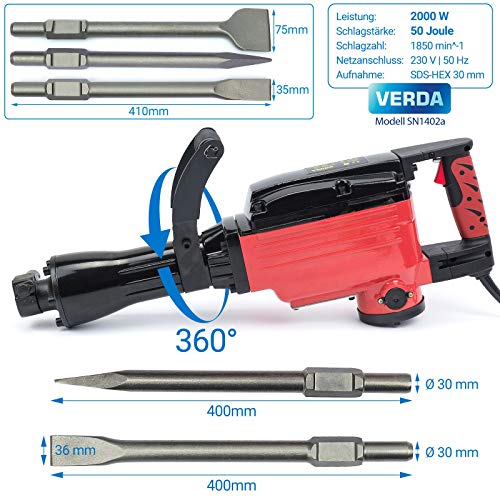 Abbruchhammer 2000 Watt Zubehör KOFFER + 5-tlg Set Meißel SDS-HEX VERDA SN1402Z – Bild 6