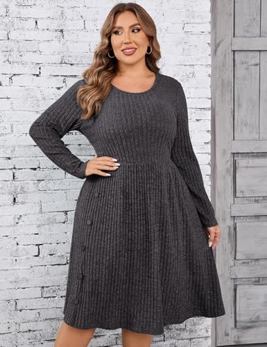 Image of Women's Plus Size Casual Sweater Dress Square Neck Long Lantern Sleeve Tie Waist Loose Pullover Sweater Dresses