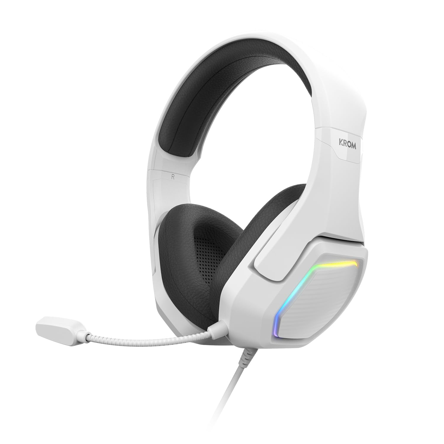 KROM KOPA 7.1 – Casque Gaming USB avec Son Virtuel 7.1, Éclairage RGB Rainbow, Haut-​parleurs de 50 mm, Micro Omnidirectionnel, Contrôle du Volume et Mute sur Casque, Arceau Léger et Réglable – Blanc