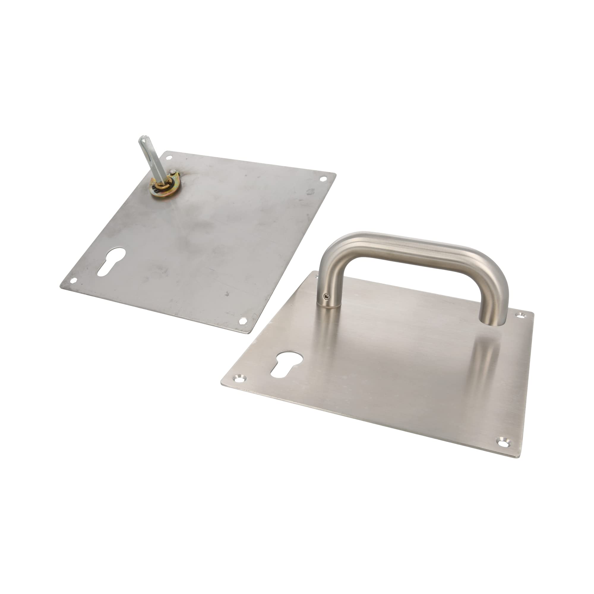 Amig - Set di maniglie con piastra per porte - mod. 3CB85-180x180 mm - Quadretto da 8 mm - Con foro da 85 mm - Acciaio inossidabile 18/8 Argento opaco