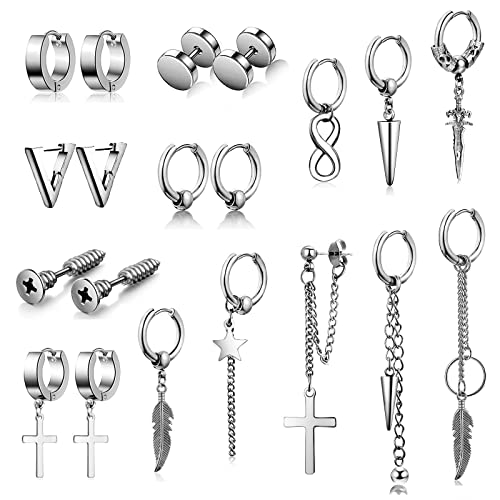 20Piezas Hombre Pendientes Acero Inoxidable Negro Aro Kpop Pendientes Plumas Cruz Colgantes Pendientes Para Hombres y Mujeres Punk Kpop Pendientes con Bisagras Cover