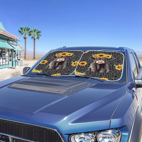 Image of Cute Highland Cow Windshield Sun Shade Foldable 2-Piece Car Sunshades Car Interior Accessories Sun Protection for SUV Truck Van Sedans Auto Interior Protector 28.5 x 25.5 inches