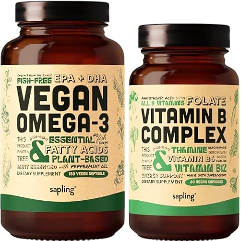 Vegan Omega 3 180 Softgels & Vegan Vitamin B Complex Bundle - Plant-Based DHA & EPA Fatty Acids, Essential B Vitamins with Whole Food Blend, B1, B2, B3, B5, B6, B7, Folate Cover