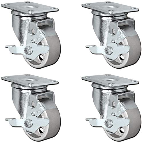 Set of 4 All Steel Swivel Plate Caster Wheels with Brakes Locking - Heavy Duty High-Gauge Steel Gray Iron Metal Wheels (3