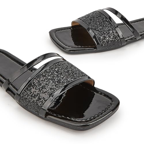Image of Women's Open Toe Flat Sandals Rhinestone Glitter On Casual Fashion Slippers Quick Drying Indoor & Outdoor Slides