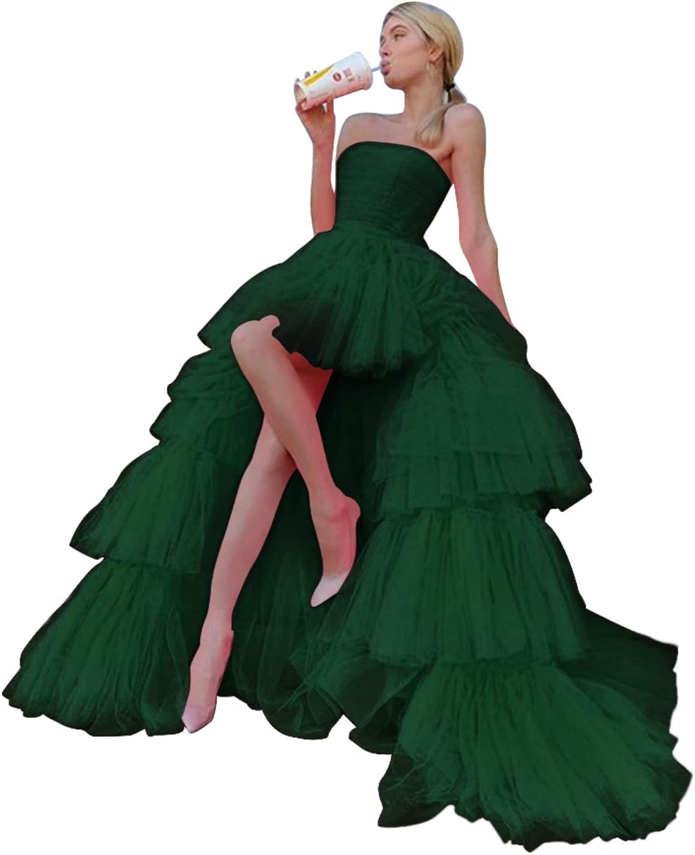 Sevintage High Low Tulle Prom Dress for Women Long Strapless Layered Formal Party Dresses with Train