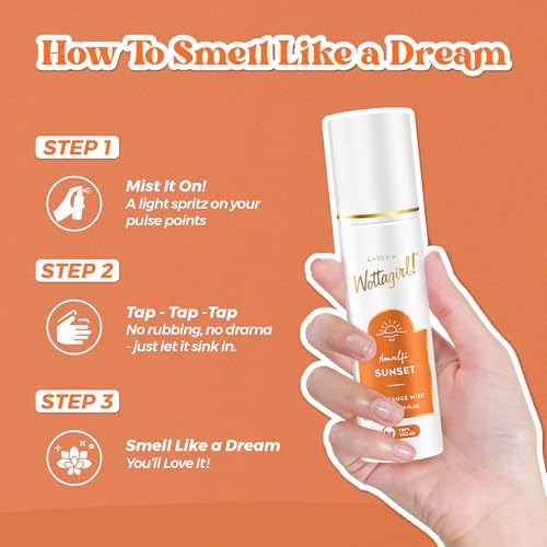 Image of Layer'r Wottagirl Amalfi Sunset Fragrance Mist for Women 120ml | 100% Vegan | Fresh Citrus & Floral Scent with Orange, Bergamot & Neroli | Long-Lasting Body Mist | Alcohol-Free | IFRA Certified