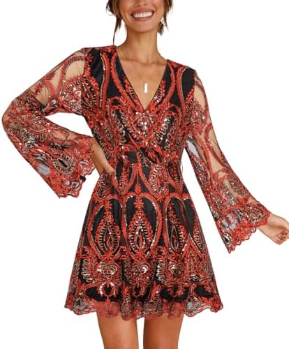 Women's Sequin Dress Long Sleeve Deep V Neck Embroidery Event Par...