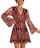 Womens Holiday Dresses Long Sleeve Deep V Neck Embroidered Sequin Skater Dress Red L