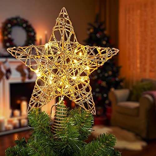 11.8” Christmas Star Tree Topper Hollow Designed Battery Operated Star Tree Topper With 20 Led Copper String Lights And 6H Timer 3D Star Treetop For Holiday Party Christmas Tree Decorations, Gold #TOP10