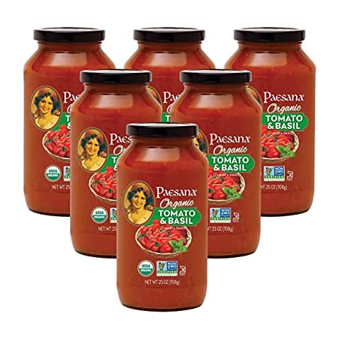 Paesana Organic Tomato Basil Pasta Sauce — Gluten Free, Vegan Friendly and made with 100% Imported Italian Tomatoes, USDA Organic, Kosher Parve – Packed in the USA, 25 oz (6 Pack) Cover