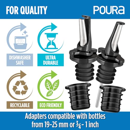 3-in-1 Liquor Pour spout with Built-in Fruit Fly Protection - Dishwasher Safe Hygienic Alcohol Speed Spouts - Also for Olive Oil, Juice, Syrup. Black 6 Pack with 6 Adapters for Large Neck Bottles by Poura - Image 3