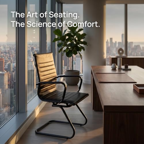 Image of HNY Leather Office Guest Chairs & Reception Chairs Set of 4, Modern Waiting Room Chairs with Arms, Desk Chair no Wheels with Sled Base for Waiting Room /Conference Room, Retro Black
