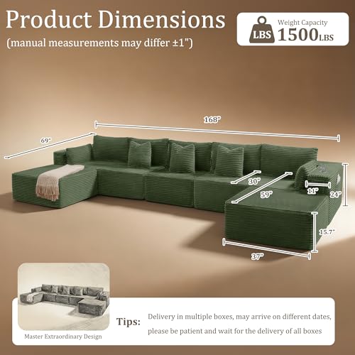 Image of 168 inch Cloud Sectional Couch, Comfort U Shaped Sofa for Living Room, Extra Deep Seats No Assembly, Minimalist Modular Couch, Corduroy (Olive Green, 7 Seats,U-Shape A)