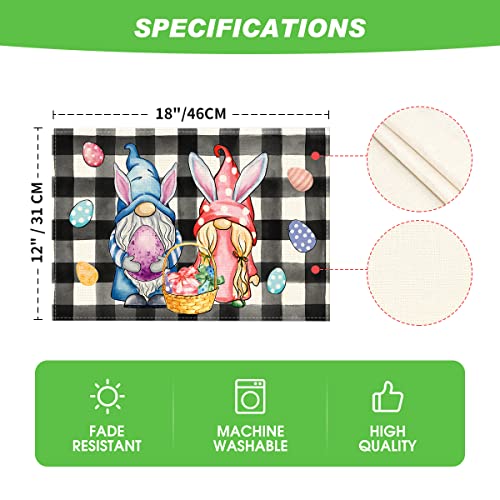 Artoid Mode Buffalo Plaid Bunny Gnomes Eggs Easter Placemats For Dining Table, 12 X 18 Inch Spring Seasonal Holiday Decoration Rustic Vintage Washable Table Mats Set Of 4 #TOP5