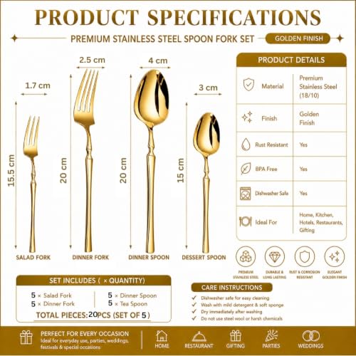 Image of Classic Gold 20 Pcs Stainless Steel Cutlery Set for Dining Table, Dishwasher Safe Glossy Flatware (Perfect Spoon Fork Set)