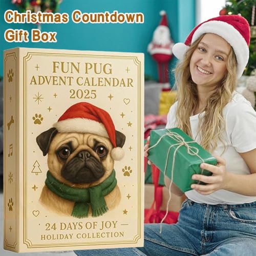 Mops Adventskalender 2025, 24 Tage Weihnachten Adventskalender mit niedlichen Mops Hund hängende Ornamente, lustige 24 Tage Countdown bis Weihnachtskalender, Feiertagsdekorationen Geschenk für