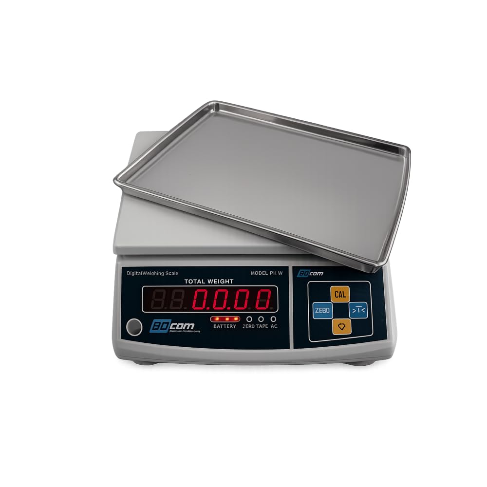 BDcom PH-30W Balanza Industrial de Sobremesa 30 kg / 1 g | Pantalla LED | Batería 80h | Plato Inox 28x21 cm | Tara y Cero | Patas Regulables