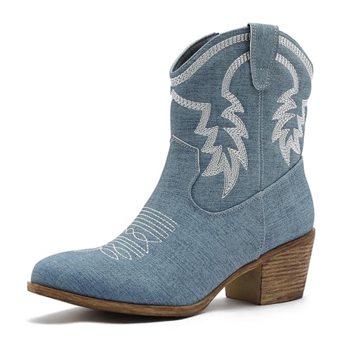 Image of GLOBALWIN Women's Cowgirl Boots Ankle Brown Cowboy Boots With Embroidered Stitching Low Heel Comfortable Western Boots For Country Outfits