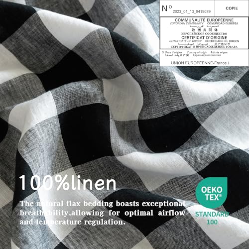 EVERLY Linen Sheets Set Full Size,100% French Stonewash Pure Linen Sheets Set,4Pieces (1Flat Sheet,1Fitted Sheet,2Pillowcase) Suitable for Hot Sleepers,Deep Pocket Natural Bedding Set-Black Plaid