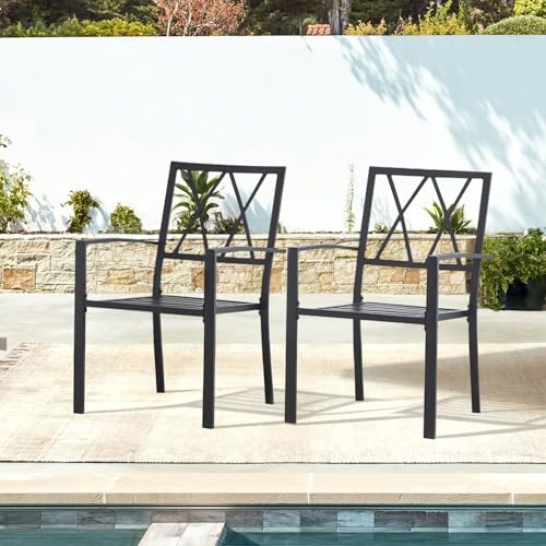 Puntogen Patio Outdoor Dining Chairs Set of 2, Rust-Resistant Black Metal Chairs - Stackable Bistro Chair with Armrest, Weatherproof Wrought Iron Chair, 300 lbs Load for Backyard Porch Lawn Garden