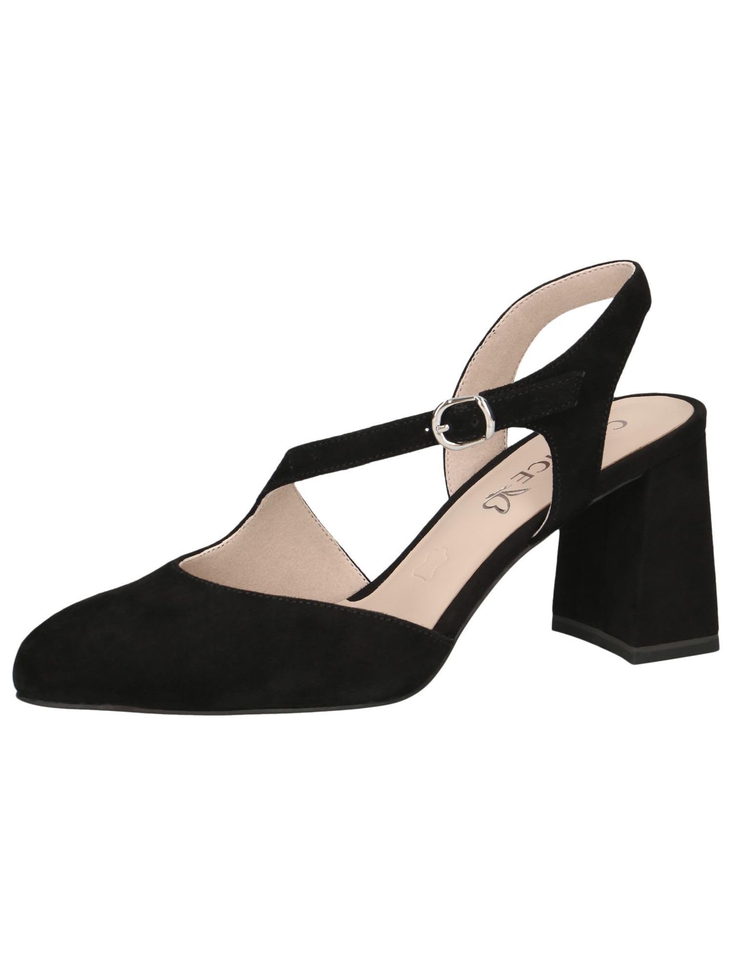 CAPRICE Women Slingback Pumps Leather Trapeze Heel, Black (Black Suede), 5.5 UK