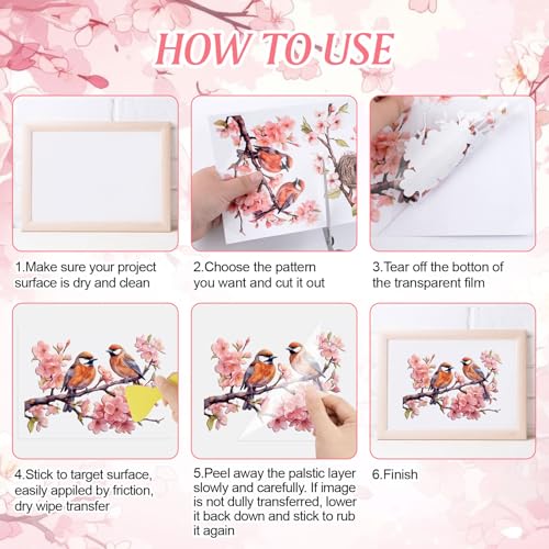 HICOHAND Rub on Transfers for Crafts 6 Sheets 15cmx30cm/5.91 * 11.81in Cherry Blossom and Bird UV DTF Waterproof Furniture Transfer Stickers for DIY Crafts Wood Glass Farbic - Image 3