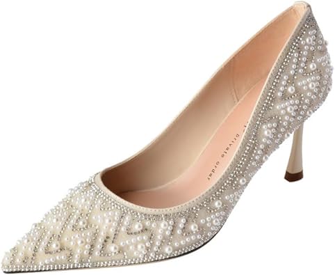 onlymaker Womens Luxury Pumps High Heel Stiletto Pointed-Toe Pearl & Rhinestone Embellished