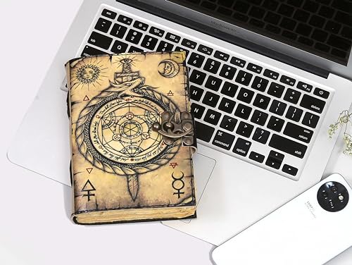 Livro de feitiços de couro encadernado com borda de baralho, papel Grimório impresso, caderno espira