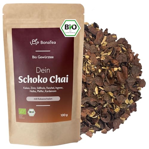 BIO Schoko-Chai Gewürztee ohne Zucker mit Kakaoschalen, Zimt, Süßholz und weiteren aromatischen Chai-Gewürzen, 100g