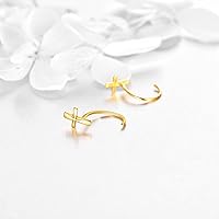 Vista 4 de Aretes de aro de medio aro de 14 quilates de oro macizo, aretes de aro Huggie para mujeres y niñas