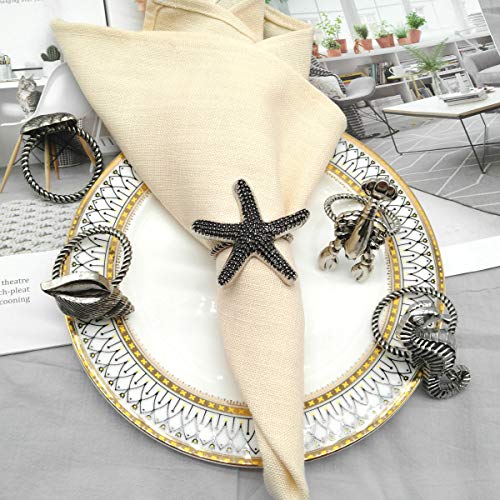Joyindecor Starfish Nautical Napkin Rings - Set of 6 Vintage Ocean Coastal Napkin Holders for Wedding Party, Rustic Beach Table Decor (Black) (Starfish)