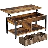 Rolanstar Coffee Table Lift Top, with Hidden Storage Compartment and 2 Rattan Baskets, 41.7' Retro Central Table with Wooden Lift Top and Metal Frame for Living Room, Rustic Brown