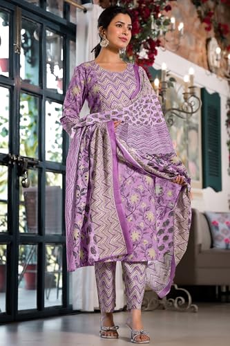 Image of MIRCHI FASHION Women's Straight Fit Pure Cotton Jaipuri Floral Printed Sequins Thread Work Kurta Set with Dupatta and Trouser