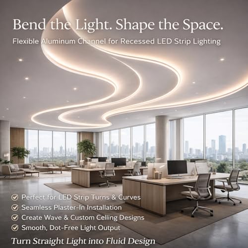 Image of Spotless Plaster in Recessed Flexible Drywall LED Channel Fully Bendable LED Aluminum Profile Track for Custom LED Strip Lighting Solutions, 3.28ft x 3 Pcs (P5615 Inside width 12.5mm /0.5 inch inch), Silver