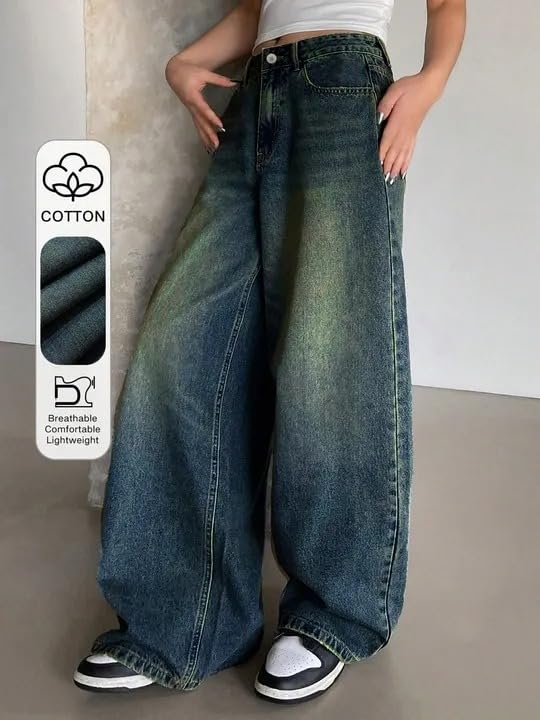 Image of KOTTY Women Trendy Wide Leg Jeans High Waist Baggy Fit Denim Streetwear Jeans