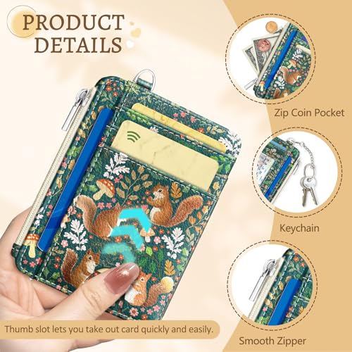 Image of Kelvoris Cute Squirrels Credit Card Holder Small Wallet Women, Slim RFID | Keychain, Zipper Coin Pocket, Front Pocket Thin Travel Card Case, Minimalist, 6 Card Slots, 1 ID Window, Ladies Gifts Woman