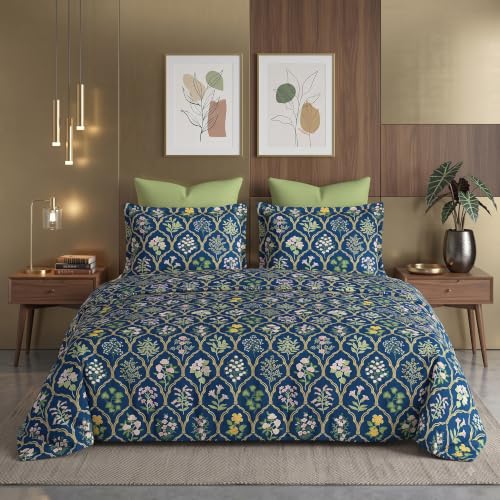 Image of DECOMIZER Super Soft Glace Cotton King Size AC Comforter II Blanket II Duvet for Double Bed with 1 Flat Bedsheet and 2 Pillow Cover - 4 Piece Comforter Set - Navy Jaipuri
